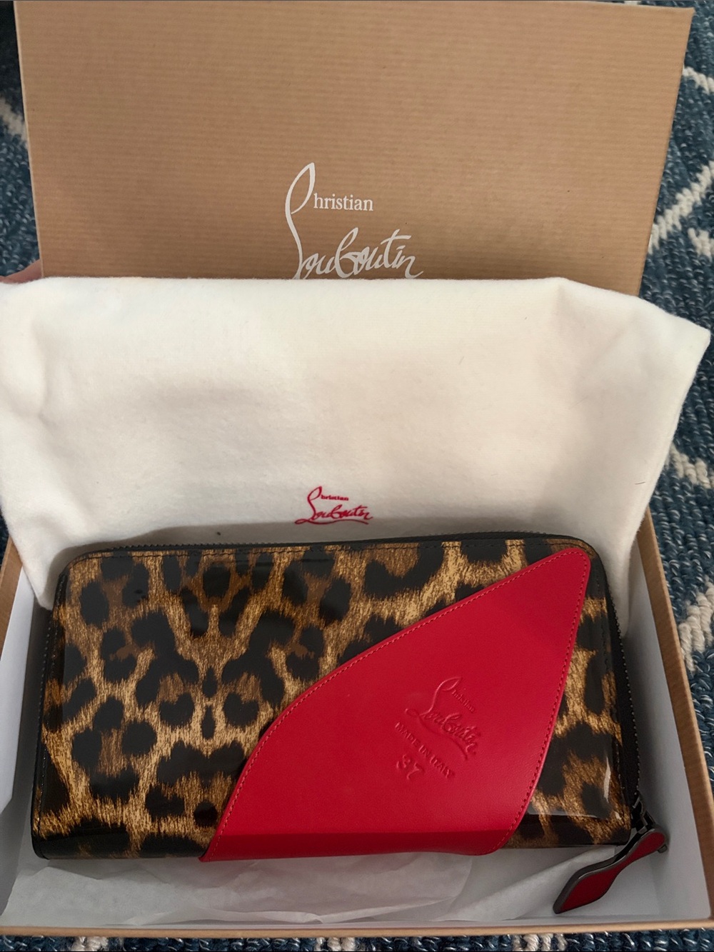 NEW Louboutin Leopard Print Zip-Around Wallet with Red Leather Accen